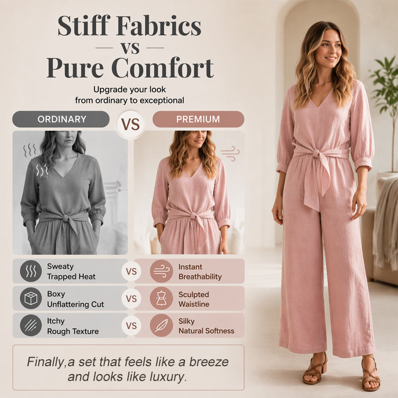 Ensemble composé d'un haut pour femme à encolure en V et cordon à nouer sur le devant, ainsi que d'un pantalon à jambes larges