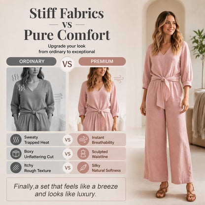 Ensemble composé d'un haut pour femme à encolure en V et cordon à nouer sur le devant, ainsi que d'un pantalon à jambes larges