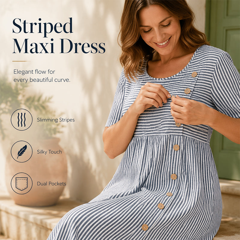 🌀☁️ OFFRE LIMITÉE -50% ! 👗 Robe Décontractée Rayée Femme – Coupe Ample & Rayures Douces – Parfaite pour un Style Quotidien Sans Effort.