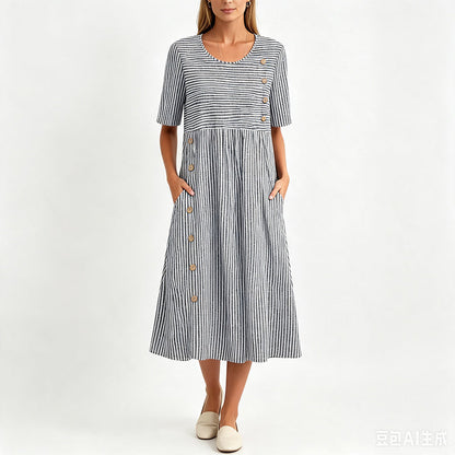 🌀☁️ OFFRE LIMITÉE -50% ! 👗 Robe Décontractée Rayée Femme – Coupe Ample & Rayures Douces – Parfaite pour un Style Quotidien Sans Effort.