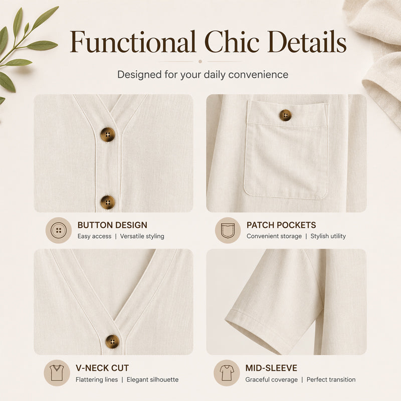 🌿Robe décontractée en coton et lin, à boutons et poches