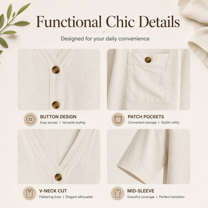 🌿Robe décontractée en coton et lin, à boutons et poches