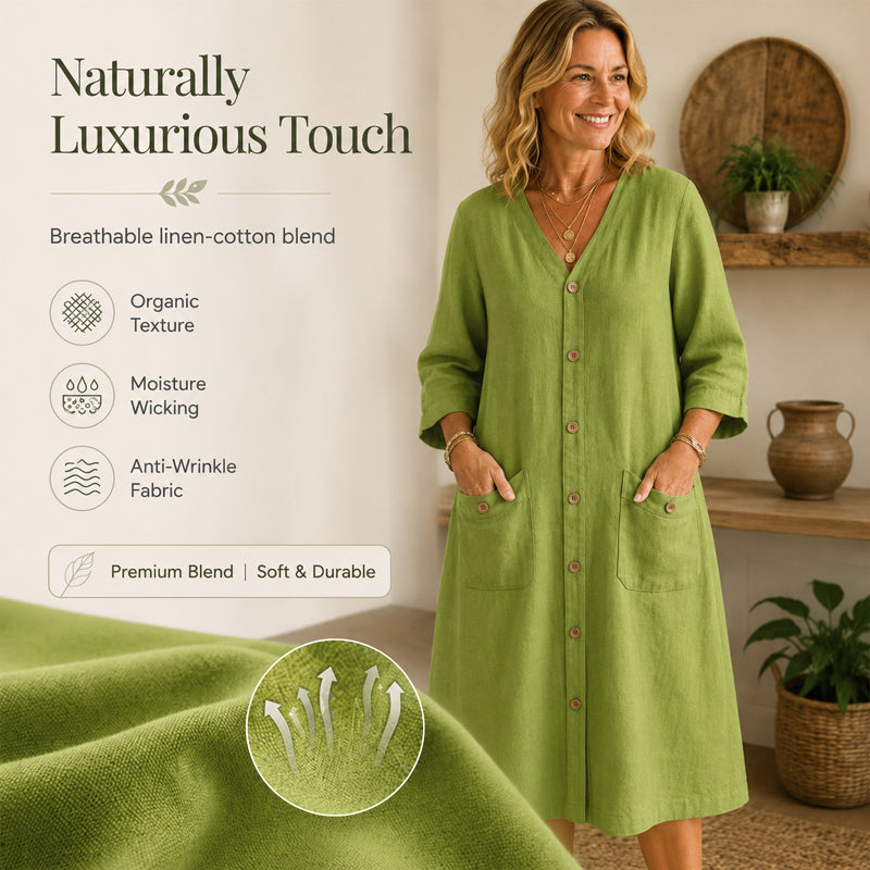 🌿Robe décontractée en coton et lin, à boutons et poches