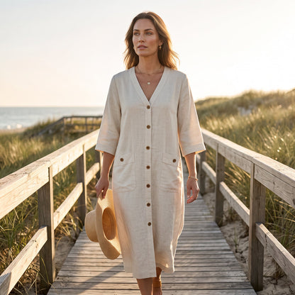🌿Robe décontractée en coton et lin, à boutons et poches