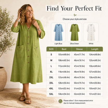 🌿Robe décontractée en coton et lin, à boutons et poches