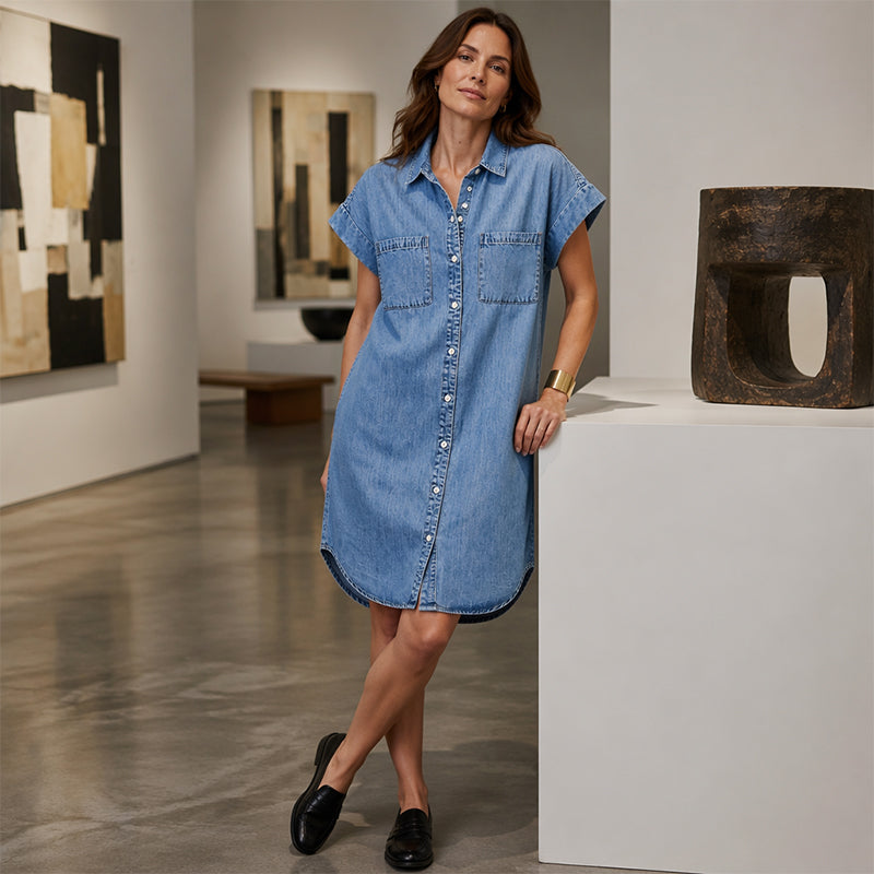 👗 Robe Chemise en Jean Femme – Manches Courtes, Col Chemise, Boutons sur le Devant et Poches🔥-52%🍃 Robe chemise jean femme confortable, facile à associer au quotidien