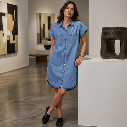 👗 Robe Chemise en Jean Femme – Manches Courtes, Col Chemise, Boutons sur le Devant et Poches🔥-52%🍃 Robe chemise jean femme confortable, facile à associer au quotidien