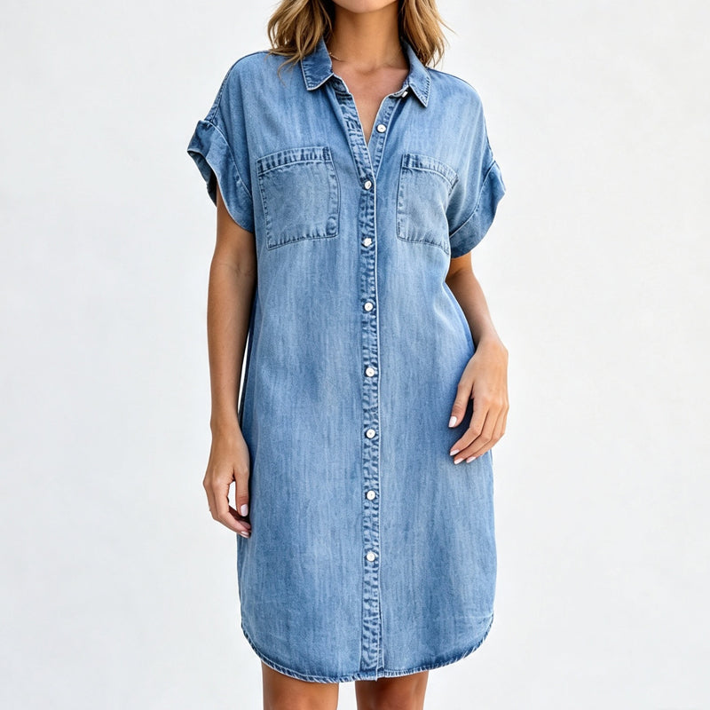 👗 Robe Chemise en Jean Femme – Manches Courtes, Col Chemise, Boutons sur le Devant et Poches🔥-52%🍃 Robe chemise jean femme confortable, facile à associer au quotidien