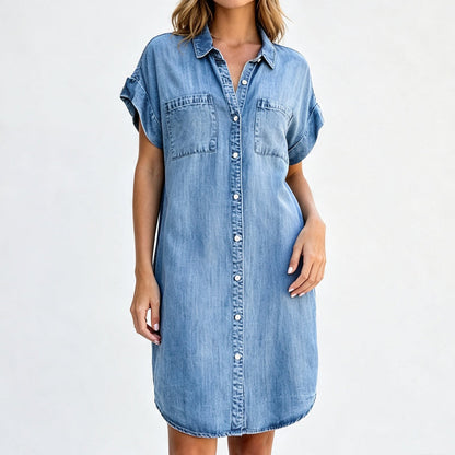 👗 Robe Chemise en Jean Femme – Manches Courtes, Col Chemise, Boutons sur le Devant et Poches🔥-52%🍃 Robe chemise jean femme confortable, facile à associer au quotidien