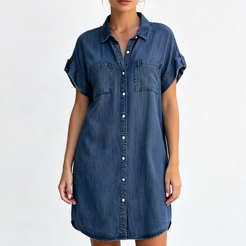 👗 Robe Chemise en Jean Femme – Manches Courtes, Col Chemise, Boutons sur le Devant et Poches🔥-52%🍃 Robe chemise jean femme confortable, facile à associer au quotidien