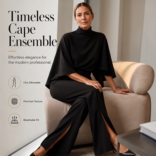 Ensemble élégant pour femme composé d'un haut cape à col montant et d'un pantalon à jambes larges