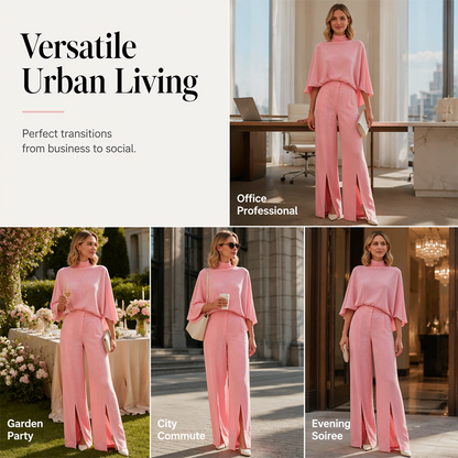 Ensemble élégant pour femme composé d'un haut cape à col montant et d'un pantalon à jambes larges