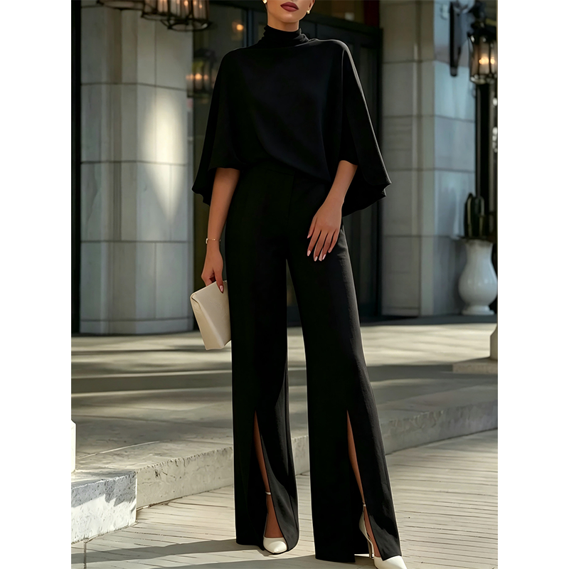Ensemble élégant pour femme composé d'un haut cape à col montant et d'un pantalon à jambes larges