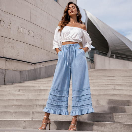 Pantalon large en denim Tencel à ourlet volanté pour femme