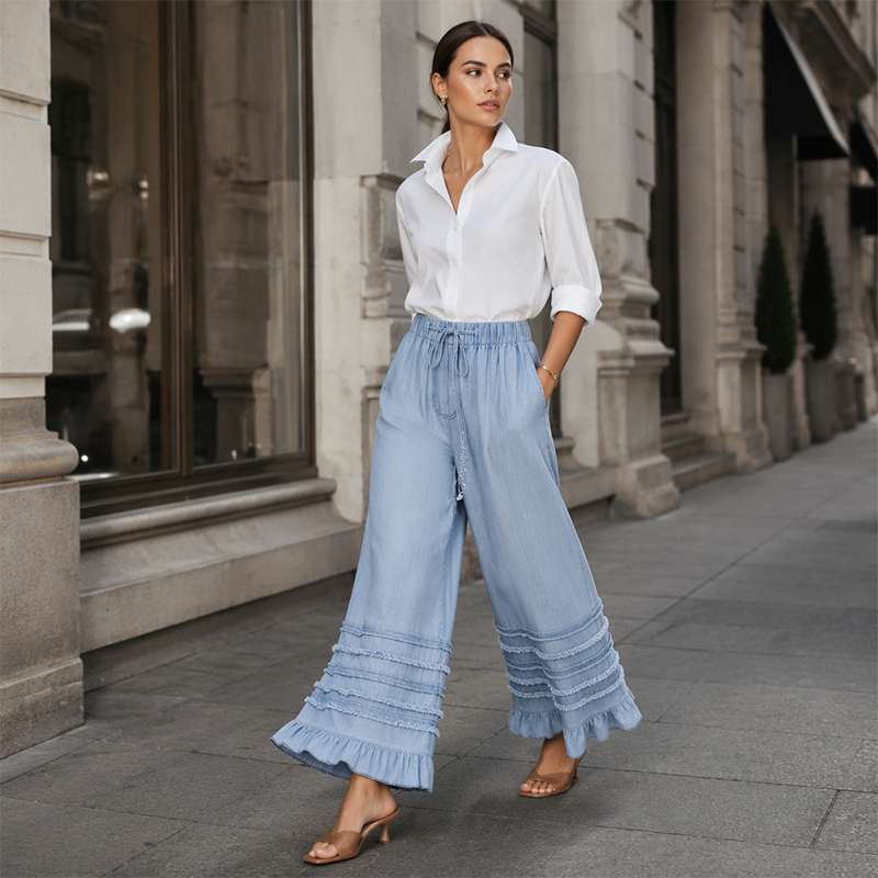 Pantalon large en denim Tencel à ourlet volanté pour femme