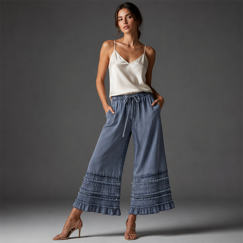 Pantalon large en denim Tencel à ourlet volanté pour femme