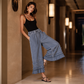 Pantalon large en denim Tencel à ourlet volanté pour femme