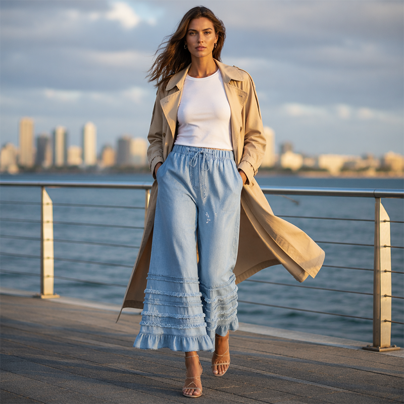Pantalon large en denim Tencel à ourlet volanté pour femme