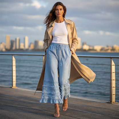 Pantalon large en denim Tencel à ourlet volanté pour femme