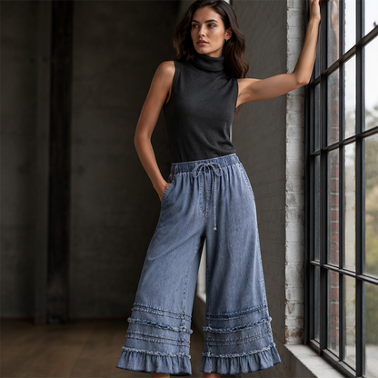 Pantalon large en denim Tencel à ourlet volanté pour femme