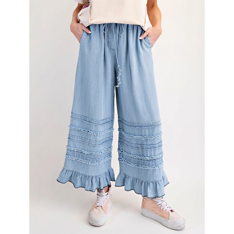 Pantalon large en denim Tencel à ourlet volanté pour femme