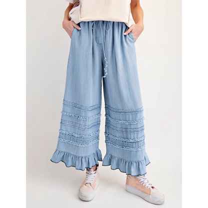 Pantalon large en denim Tencel à ourlet volanté pour femme