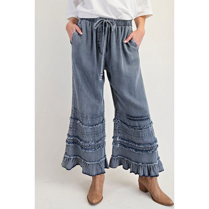 Pantalon large en denim Tencel à ourlet volanté pour femme