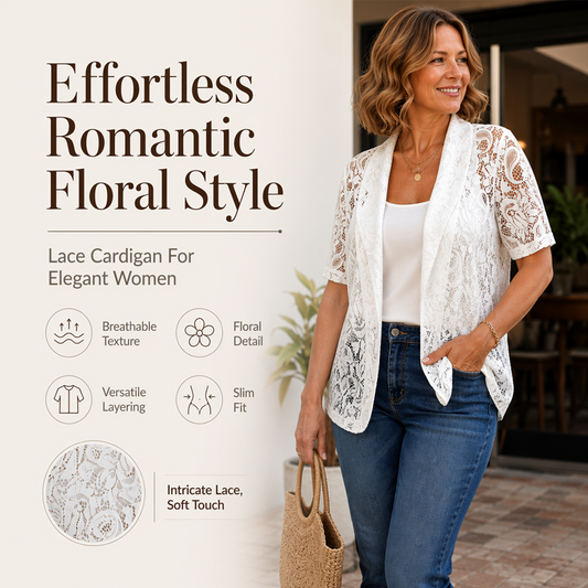Cardigan femme à manches courtes, en dentelle, ouvert sur le devant