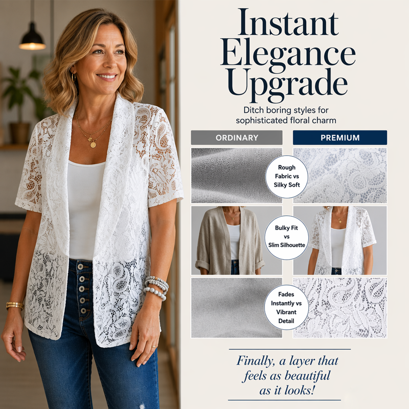 Cardigan femme à manches courtes, en dentelle, ouvert sur le devant