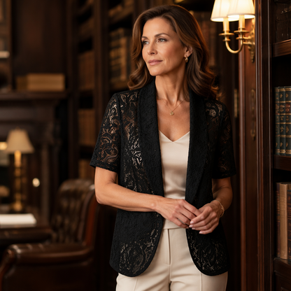 Cardigan femme à manches courtes, en dentelle, ouvert sur le devant