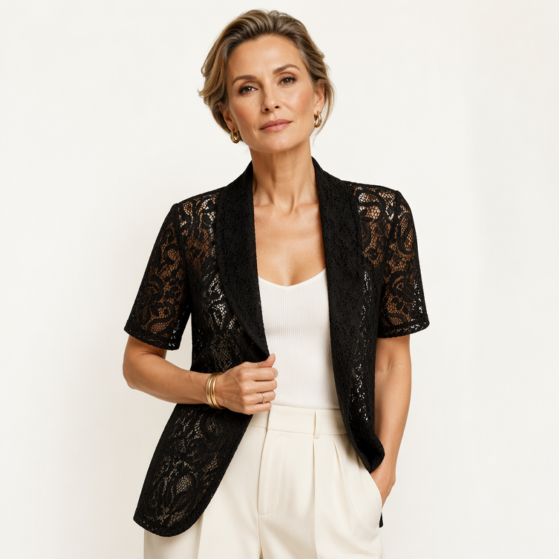 Cardigan femme à manches courtes, en dentelle, ouvert sur le devant
