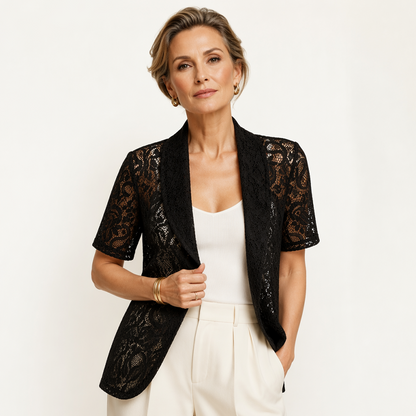 Cardigan femme à manches courtes, en dentelle, ouvert sur le devant