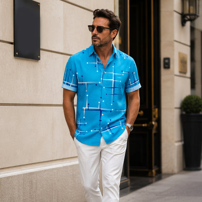 👔 -50% ! 📐 Chemise Homme à Imprimé Géométrique – Coupe Décontractée & Manches Courtes – Tissu Doux & Tombant Fluide pour Plage et Vacances 🌴