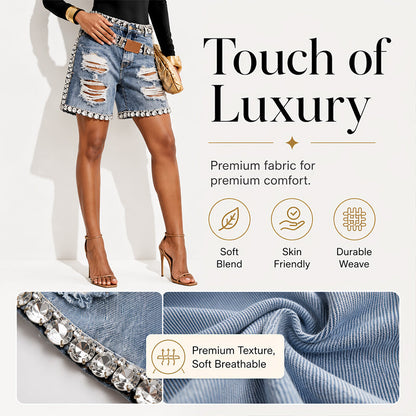 🩳 Short Jean Femme Taille Haute – Effiloché, Déchiré, Strass🍃 Short jean femme été, facile à associer avec tee-shirt, blouse ou top