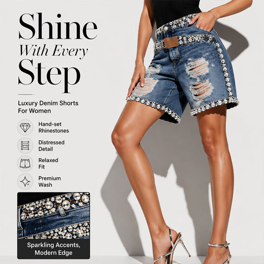 🩳 Short Jean Femme Taille Haute – Effiloché, Déchiré, Strass🍃 Short jean femme été, facile à associer avec tee-shirt, blouse ou top