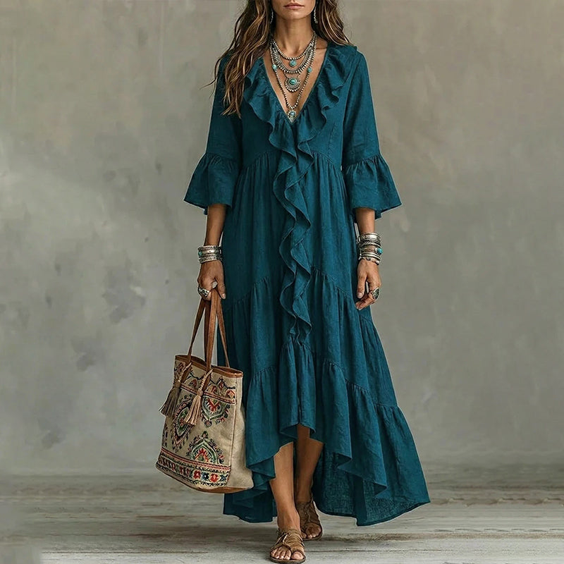 Robe rétro pour femme à volants, col en V et manches cloche