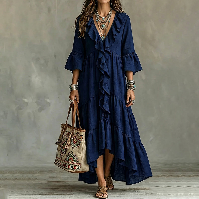 Robe rétro pour femme à volants, col en V et manches cloche