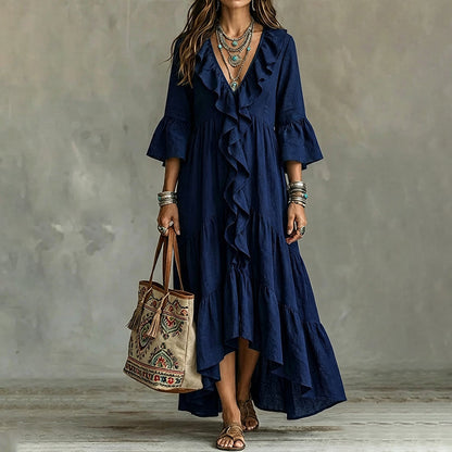 Robe rétro pour femme à volants, col en V et manches cloche
