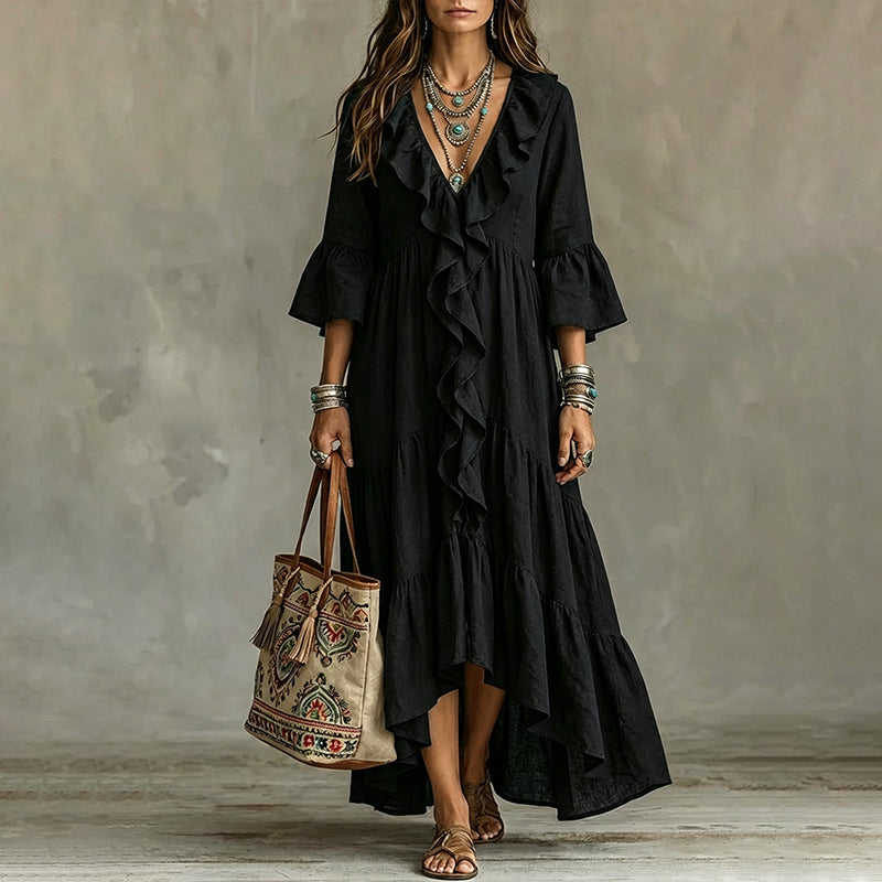 Robe rétro pour femme à volants, col en V et manches cloche