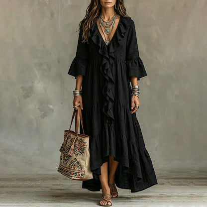 Robe rétro pour femme à volants, col en V et manches cloche
