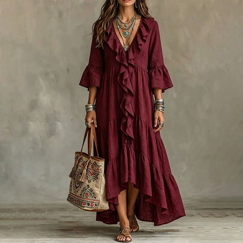 Robe rétro pour femme à volants, col en V et manches cloche