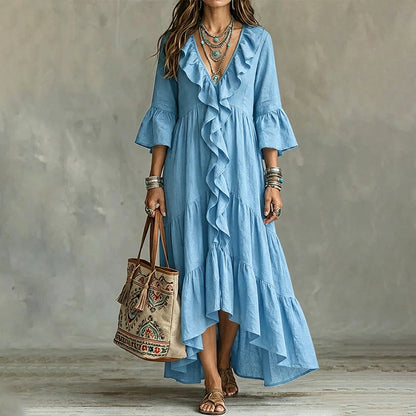Robe rétro pour femme à volants, col en V et manches cloche
