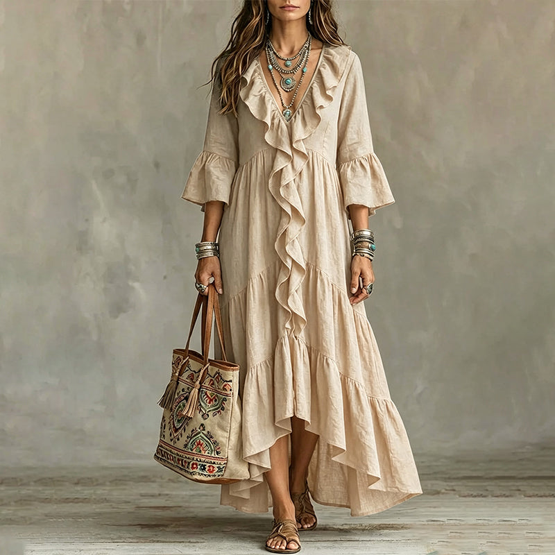 Robe rétro pour femme à volants, col en V et manches cloche