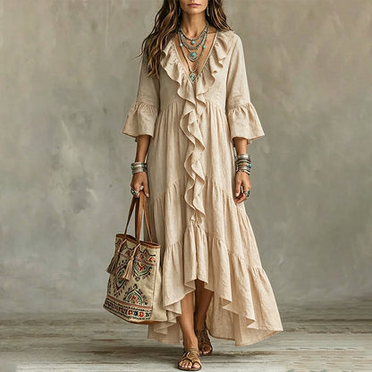 Robe rétro pour femme à volants, col en V et manches cloche