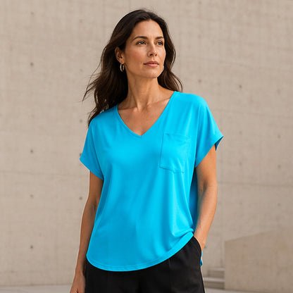 T-shirt décontracté à col en V et manches courtes pour femme