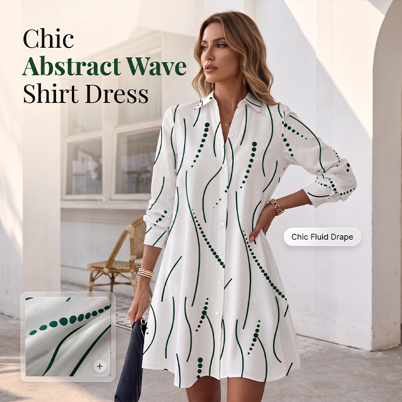 Robe-Chemise Midi Femme Imprimé Graphique Abstrait, Col Chemise, Manches Longues Ouverte à Boutons, Coupe Flare Élégante🔥-48%🍃 plusieurs coloris pour toutes morphologies