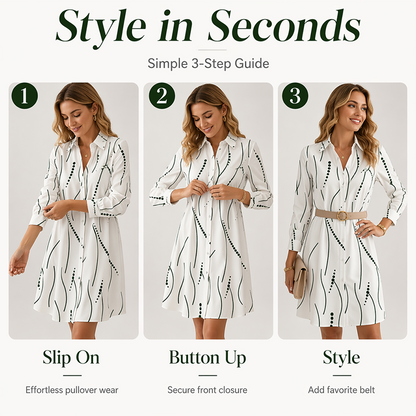 Robe-Chemise Midi Femme Imprimé Graphique Abstrait, Col Chemise, Manches Longues Ouverte à Boutons, Coupe Flare Élégante🔥-48%🍃 plusieurs coloris pour toutes morphologies