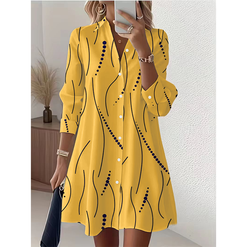 Robe-Chemise Midi Femme Imprimé Graphique Abstrait, Col Chemise, Manches Longues Ouverte à Boutons, Coupe Flare Élégante🔥-48%🍃 plusieurs coloris pour toutes morphologies