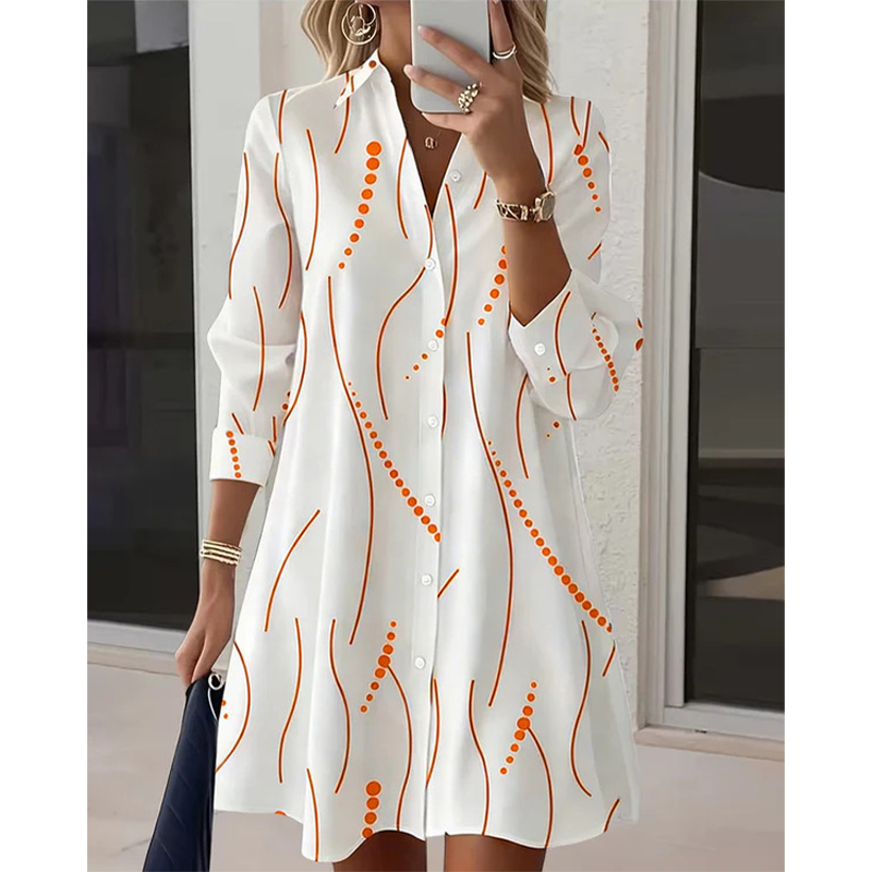 Robe-Chemise Midi Femme Imprimé Graphique Abstrait, Col Chemise, Manches Longues Ouverte à Boutons, Coupe Flare Élégante🔥-48%🍃 plusieurs coloris pour toutes morphologies