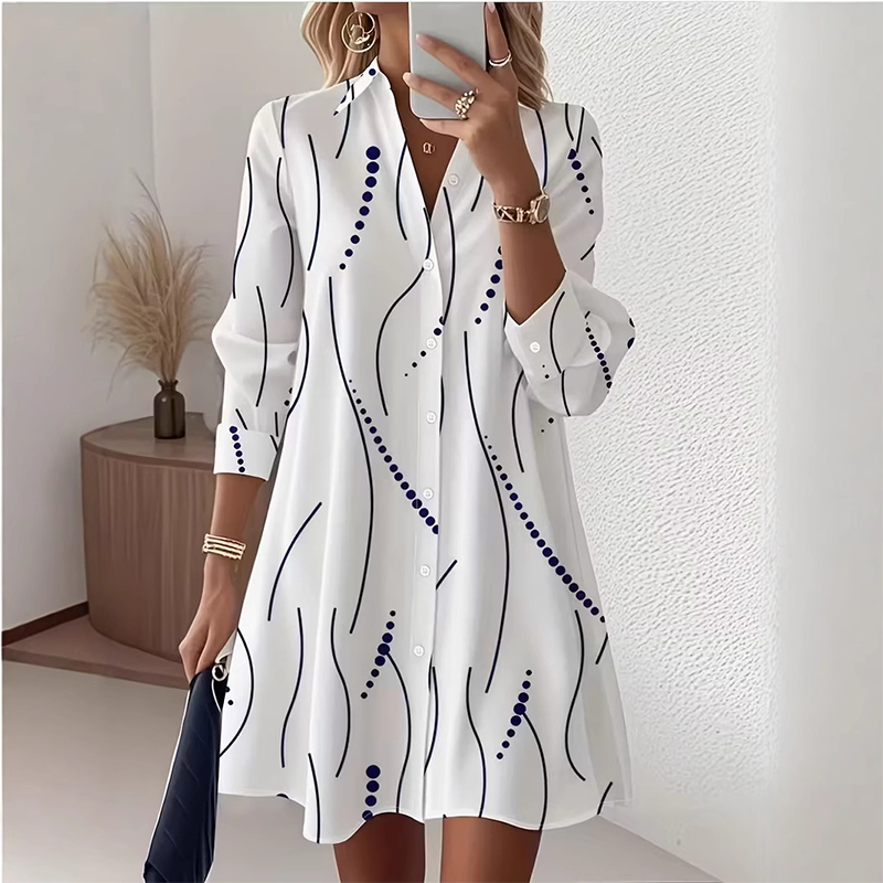 Robe-Chemise Midi Femme Imprimé Graphique Abstrait, Col Chemise, Manches Longues Ouverte à Boutons, Coupe Flare Élégante🔥-48%🍃 plusieurs coloris pour toutes morphologies
